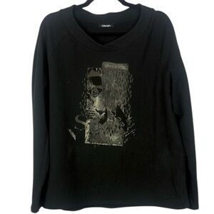 Olsen Black Cotton Blend Casual Graphic Long Sleeve Large Pullover Sweatshirt